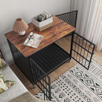 BOINN 42 inch Extra Large Dog Crate Furniture with Removable Trays, 3 Doors, 4 Wheels & 5 Locks - for Medium and Large Dogs