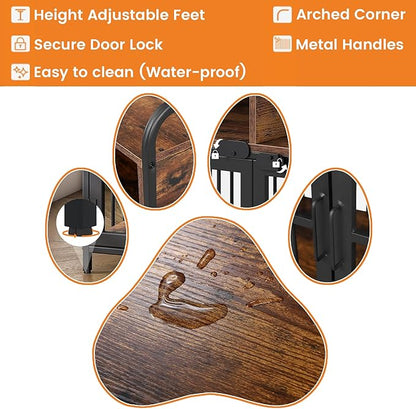 Semoic Large Dog Crate Furniture with Drawers Storage, Puppy Dog Kennel Indoor with Double Doors, Heavy Duty Wooden Dog Cage Table, Sturdy Metal, Rustic Brown
