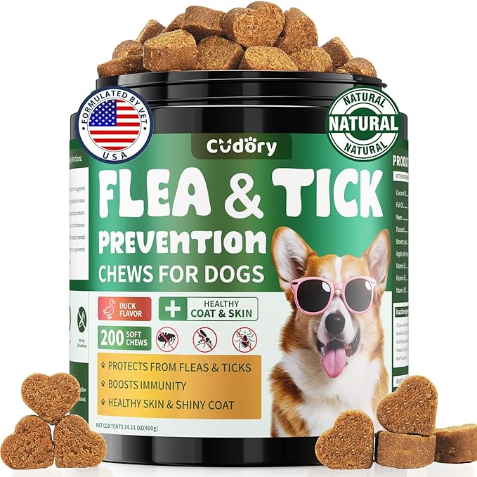 Flea and Tick Prevention for Dogs Chews – 200 Soft Chews, Dog Flea Chewables with Skin & Coat Support – Oral Supplement for All Breeds & Ages – Natural Duck Flavor