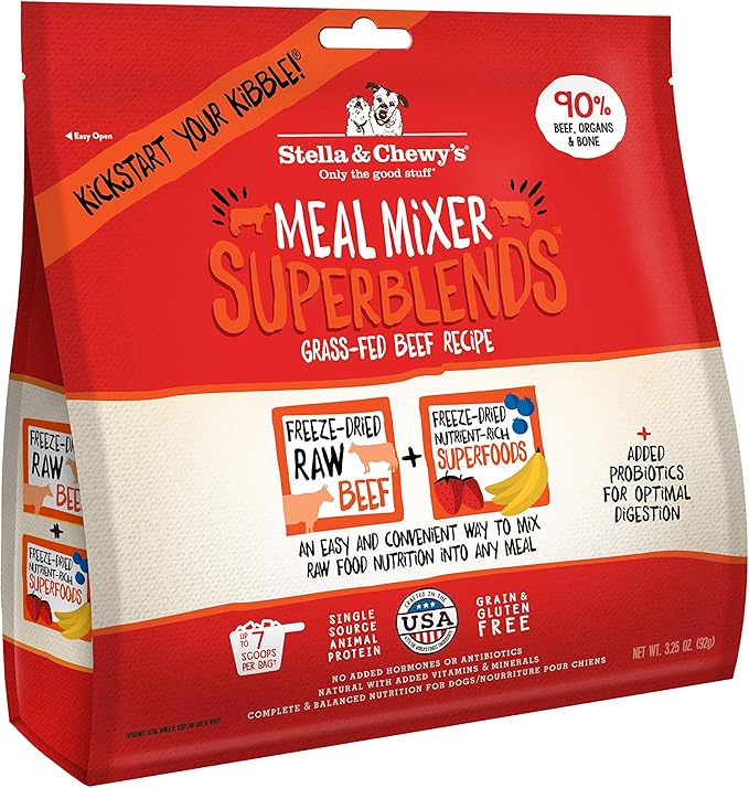 Stella & Chewy's Freeze Dried Raw Grass-Fed Beef Meal Mixers  SuperBlends Dog Food Topper  Grain Free, Protein Rich Recipe  3.25 oz Bag