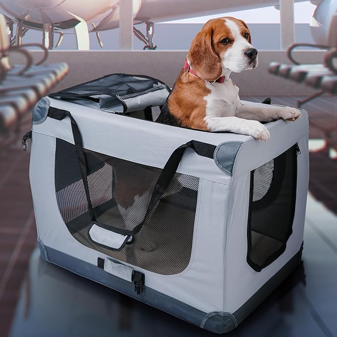 Folding X-Large Dog Carrier (32,2"*22,8"*22,8") Pet Carrier, Soft Dog Crate with 3 Durable Tear-Resistant Mesh Window, Soft Pad and Bag for Supplies, Travel Crate Kennel for Pets (Gray)