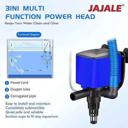 210 GPH Powerhead Submersible Pump - 3 in 1 Aquarium Fish Tank Pump with Oxygenation, Filtration & Water Cycling, 3.3 ft max lift, 15W