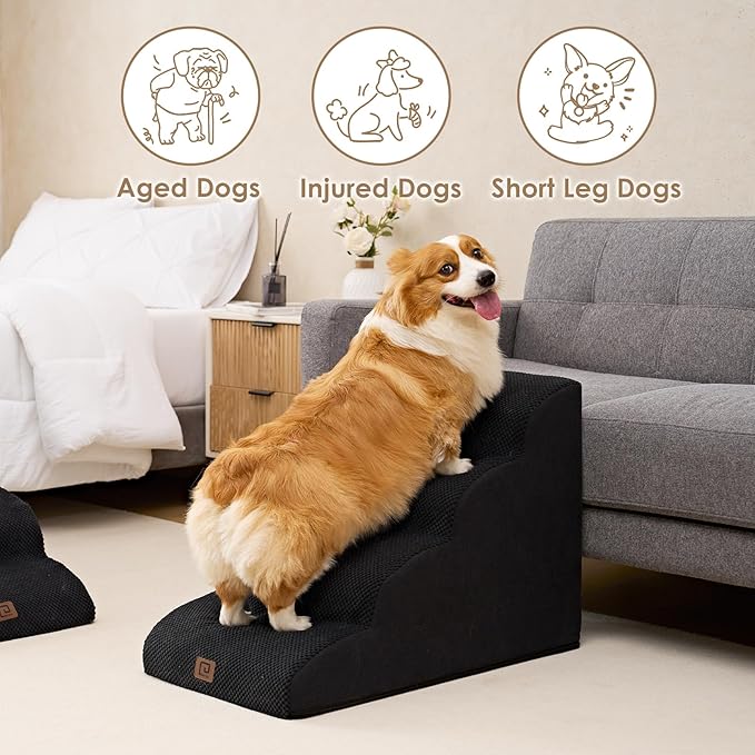 EHEYCIGA Curved Dog Stairs Ramp for High Beds 19.7" H, 4-Step Dog Steps for Small Dogs and Cats, Pet Stairs for High Bed Climbing, Non-Slip Balanced Pet Step Indoor, Black