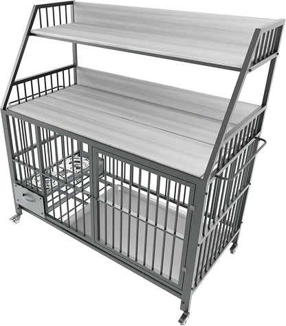 KEIKI 47 Inch Dog Crate Furniture for Large Medium Dogs, with Storage Shelves and Bowls, Indoor Dog Cage with 360° Caster Wheels & Flip-top Plate, Grey