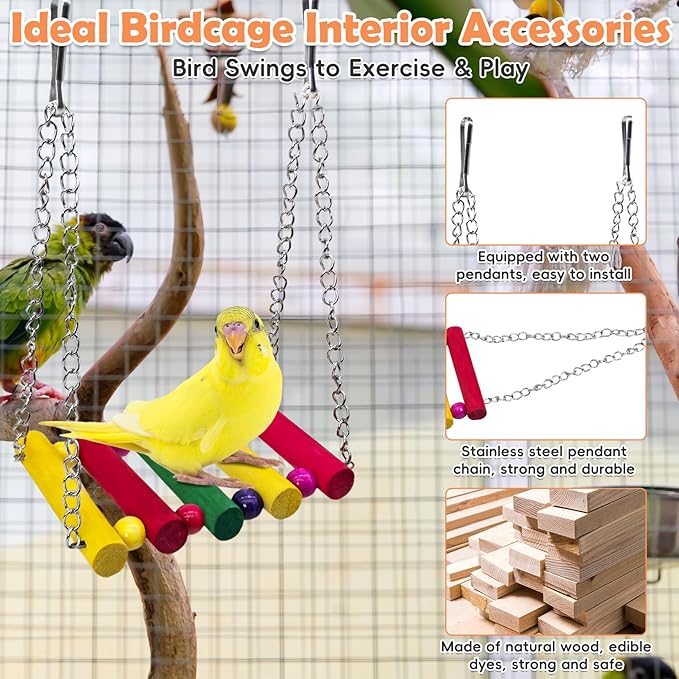 PINVNBY 2PCS Bird Ladder Bridge, Bamboo Bird Toys with Colorful Wooden Bird Swing Toy for Cage, Parakeet Cage Accessories for Small and Medium Birds Budgie Conure Cockatiel