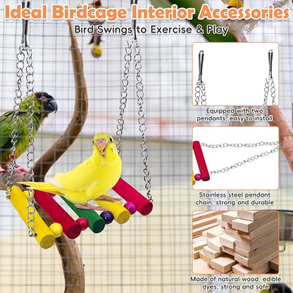 PINVNBY 2PCS Bird Ladder Bridge, Bamboo Bird Toys with Colorful Wooden Bird Swing Toy for Cage, Parakeet Cage Accessories for Small and Medium Birds Budgie Conure Cockatiel