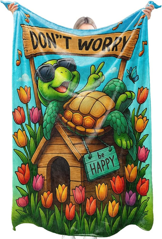 Happy Turtle Flannel Blanket Relaxed Tortoise with Tulips Sunglasses and Colorful Garden Throw Blankets Lightweight Soft for Party Bed Sofa Camping Travel, Home Farm Decor Gifts Kids, 50x60in