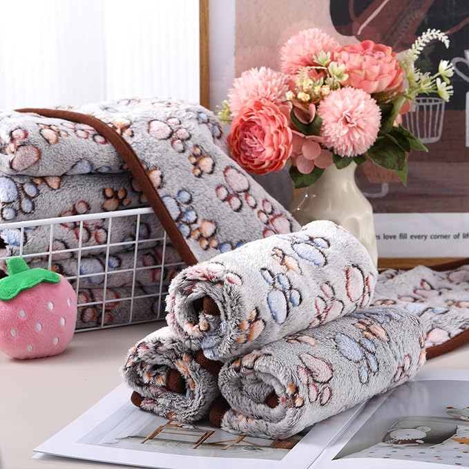 Chumia 40 Pcs Blankets Soft Fluffy Fleece Washable Pet Dog Sleep mat Paw Print Pattern Fleece Blankets for Pets Throw Warm Bed Mat for Dog Puppy Cat(24 x 16 Inch,Black)