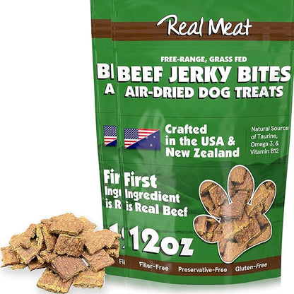 Real Meat Dog Treats - Two 12oz Bag of Bite-Sized Air-Dried Beef Jerky for Dogs - Grain-Free Jerky Dog Treats with 95% Human-Grade, Free-Range, Grass Fed Beef - All-Natural High Protein Dog Treats
