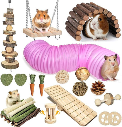 40 PCS Hamster Toys Set Guinea Pig Toys, Hamster Cage Accessories with Tunnel, Bridge, Natural Timothy Hay, Apple Wood and Bamboo for Boredom Relief & Teeth Care for Chinchillas, Gerbils, Rats