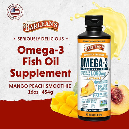 Barlean's Mango Peach Omega 3 Fish Oil Liquid Supplement with Vitamin D, 1080mg EPA & DHA Fatty Acid, Smoothie Flavored & Burpless for Brain, Joint, & Heart Health, 16 oz