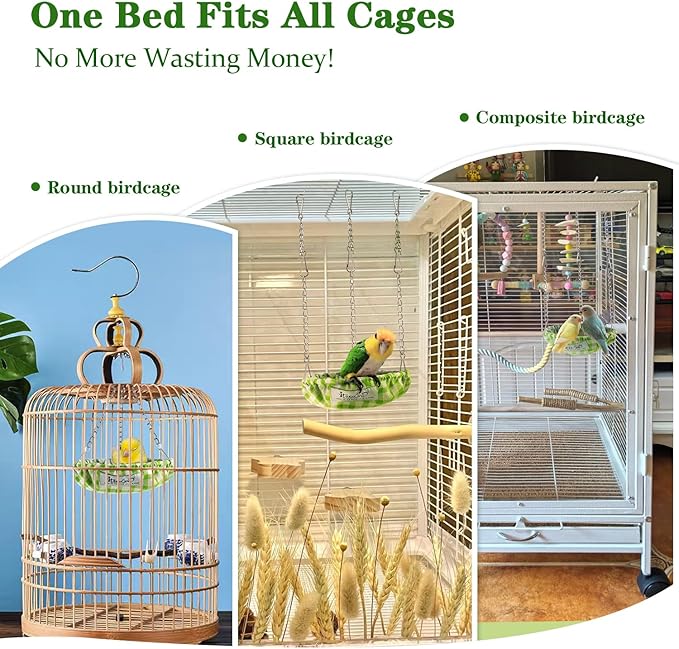 Waterproof Bird Bed with Adjustable Chain, Customizable Height Hanging Bird Hammock for Cage, Small Size Bird Nest with Durable Non-Collapsible Bottom, Bird Hut for Conures, Budgies (Green)