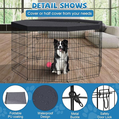 Dog Pen Pet Playpen Dog Fence Indoor Foldable Metal Wire Exercise Puppy Play Yard Pet Enclosure Indoor Outdoor 8 Panels 30 Inch with Bottom Pad/Top Cover(Black 30 top Cover)