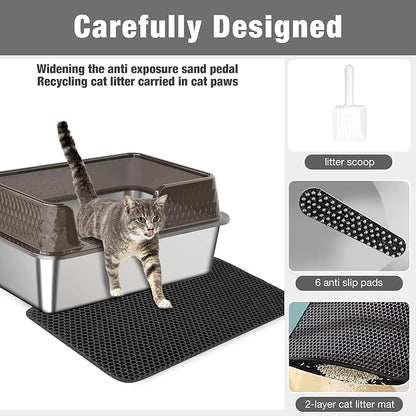 Suhaco Stainless Steel Litter Box Side Entry, Kitty Black Litter Mat and White Scoop Included Covered Metal High Sided Large Cat Litter Box with Lid Removable Enclosure for Medium Cats (Black)