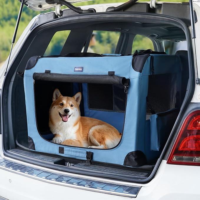 Petprsco Portable Dog Crate - 32"x23"x23" Collapsible Dog Travel Crate for Medium/Large Dogs with Soft Blanket, Foldable Bowl & Poop Bag Dispenser - Indoor & Outdoor Use