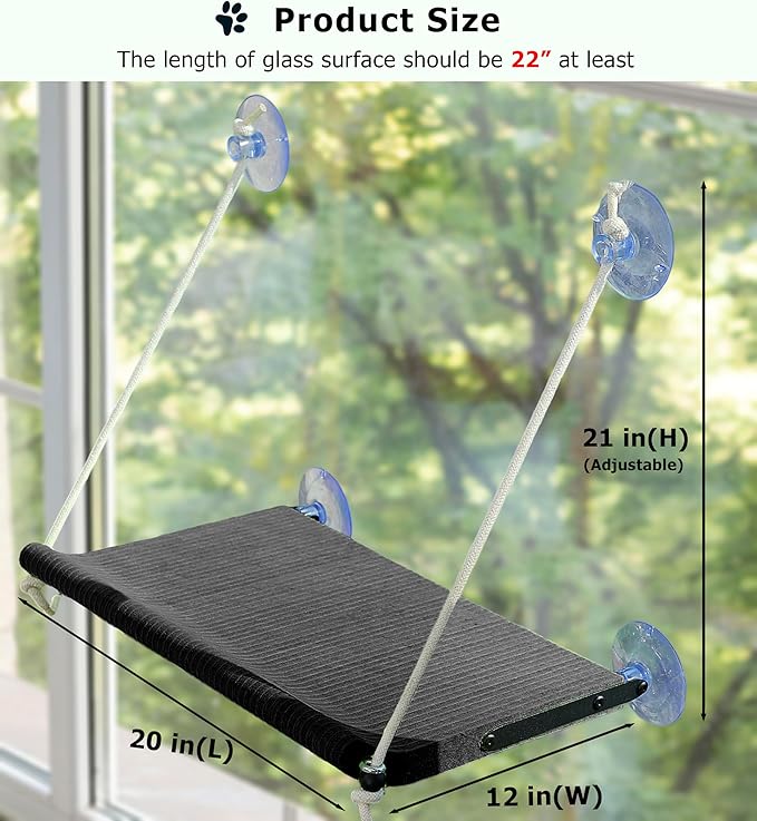 Cat Window Perch for Large Cats,Foldable Hammock with 4 Heavy Duty Suction Cups,Solid Metal Frame,Scratchable Felt Feline Bed for Sunbathing,Napping & Overlooking(Grey)