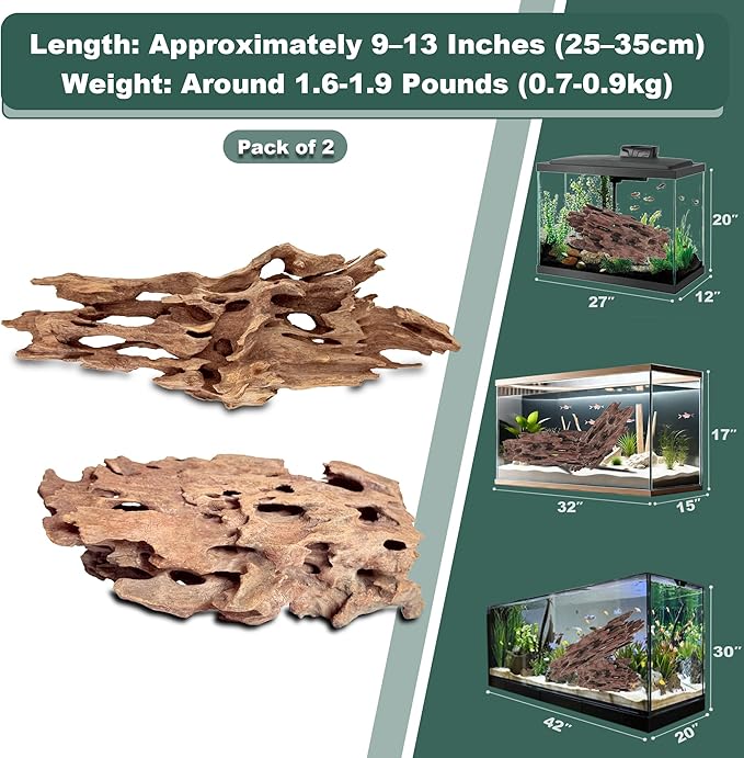 Natural Shrimpwood Driftwood Coral Driftwood for Aquarium Fish Tank Decor,Assorted Trunk Driftwood Branch for Reptile Decor (SHP-XM Driftwood M(9 to13 Inch)-Pack of 2)