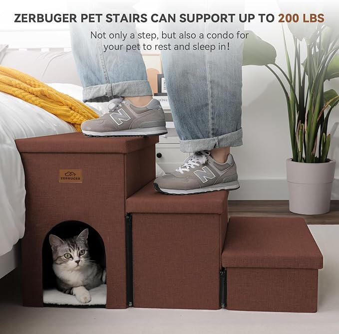 Dog Stairs with Storage 17.5" H, Dog Steps for High Beds, Folding Pet Stairs for Small Medium or Large Dogs Puppy for Bed and Couch, Dog Ramp for Car Hold Up to 200 lbs (Brown, 3 Steps with Condo)