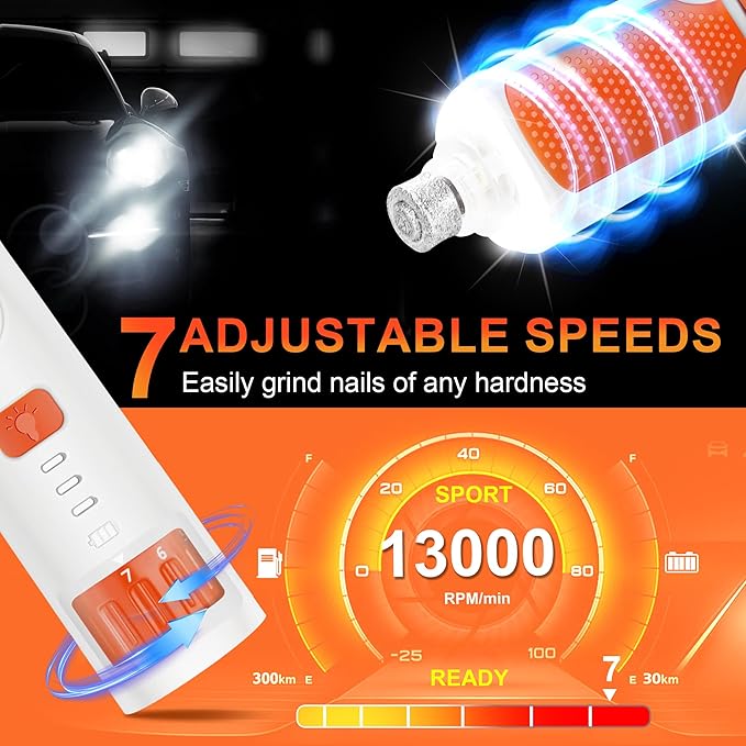 7-Speed 360° LED Strong Light Dog Nail Grinder Quiet Cat Nail Grinder Dog Nail Trimmers for Large Medium Small Dogs Cats Pets Claw Trimmer Quick Dog Nail Clipper