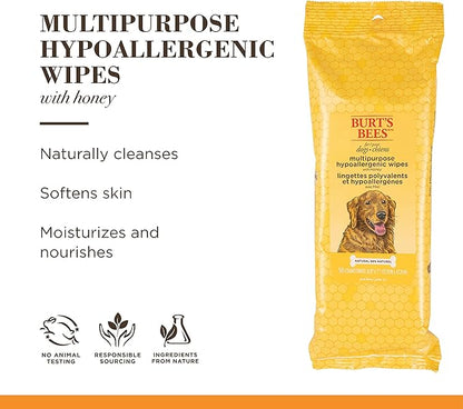 Burt's Bees for Pets Multipurpose Dog Wipes with with Honey, 98% Natural Origin Formulas, Hypoallergenic Dog Wipes Cleaning, Dog Cleaning Wipes, Dog Wipes for Paws and Butt, 50ct