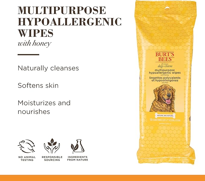 Burt's Bees for Pets Multipurpose Dog Wipes with with Honey, 2pk, 98% Natural Origin Formulas, Hypoallergenic Dog Wipes Cleaning, Dog Cleaning Wipes, Dog Wipes for Paws and Butt, 2pk, 50ct
