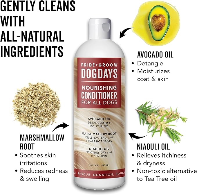 Pride and Groom DogDays Nourishing Dog Conditioner | Tearless, Hypoallergenic Formula for Allergies, Itching & Dry Skin | Natural Detangler for Dogs | Extends Life of Dog Groom | 16 oz