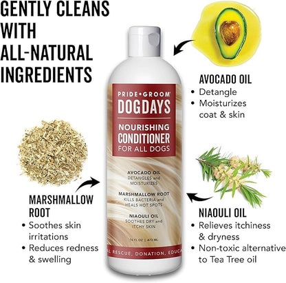 Pride and Groom DogDays Nourishing Dog Conditioner | Tearless, Hypoallergenic Formula for Allergies, Itching & Dry Skin | Natural Detangler for Dogs | Extends Life of Dog Groom | 16 oz