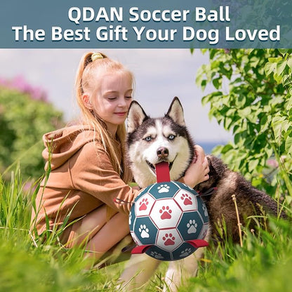 QDAN Dog Toys Extra Large Soccer Ball with Straps, Interactive Toys for Tug of War, Puppy Birthday Toy, Dog Water Toy, Dog Balls for Large Dog -Blue&Red (9 Inch)