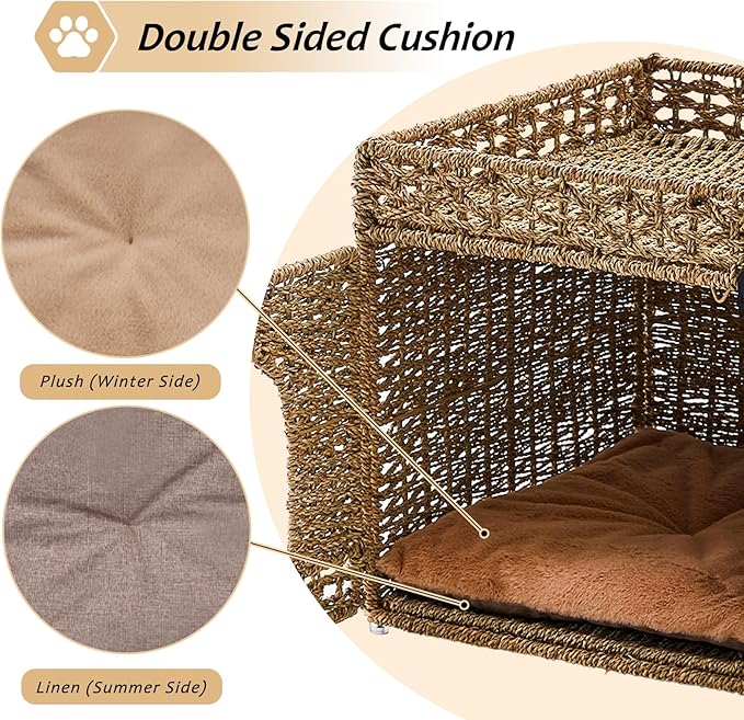 Pet Cat House, Handwoven Seagrass Cat Cave Pet Cube, Cat Beds Indoor Cat Hideaway with Double-Sided Soft Cushions Foldable for Multi Small Pet in Living Room Bedroom