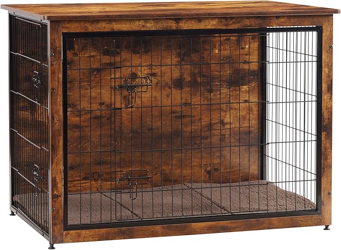 DWANTON Dog Crate Furniture with Cushion, Wooden Kennel Table with Double Doors, Indoor Dog House, Extra Large Size, 43.3" L, Rustic Brown