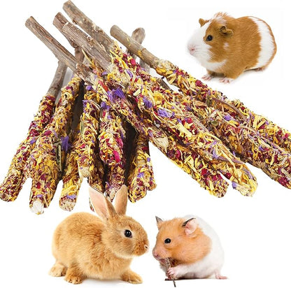 Abizoo Bunny Chew Toys for Rabbits,18PCS Natural Apple Wood Sticks with Petals Good for Chinchillas Guinea Pig Hamster Teeth Care, Bunny Small Pet Treats Teething Toys| Natural Organic Safe