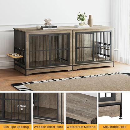 78'' Double Dog Crate Furniture for 2 Dogs, Double Dog Kennel with 360° Rotating and Adjustable Height Dog Bowl Holder with 4 Bowls, Grey Dog Kennel with Divider for Small Medium Large Dogs