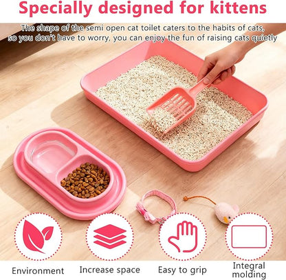Cute Kitten Starter Kit, Small Cat Litter Box, Litter Scoop, Double Dish Feeding Bowl, Adjustable Cat Collar with Bell, Cat Mouse Toy,Low Entry Baby Kitten Training, First Catty Owner Essentials