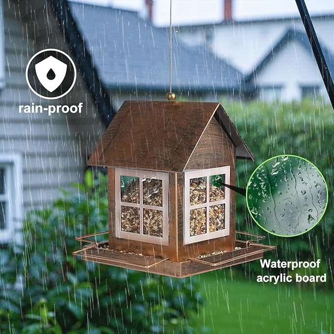 Bird Feeders, Heavy Duty Metal Bird Feeder for Outdoors Hanging, Weatherproof Large Capacity Wild Birdfeeder for Outside Garden Yard, Country House Shape