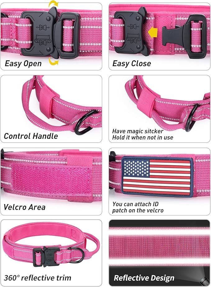 AUBELL Reflective Dog Collar, Tactical Dog Collar for Medium Dogs, Heavy Duty Dog Collars with Handle and Metal Buckle Great for Female Dogs Training, with Airtag case and 2 Patches(Pink, L)