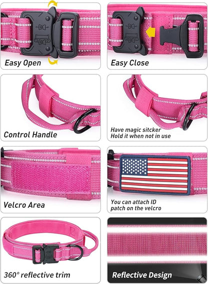 AUBELL Reflective Dog Collar, Tactical Dog Collar for Medium Dogs, Heavy Duty Dog Collars with Handle and Metal Buckle Great for Female Dogs Training, with Airtag case and 2 Patches(Pink, L)