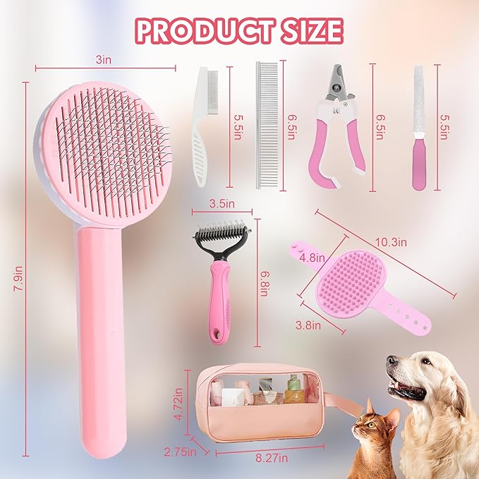 Pet Grooming Brush Kit 7pcs, Cat Brush with Release Button Comb Set for Shedding -Cat Brush&Nail Clippers File Set for Cat Dogs Long matted Haired Pets and Nail Repair(Pink)