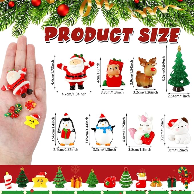 56Pcs Miniature Christmas Figurines, Xmas Mini Resin Figures Santa Elk Penguin Snowflake Tiny Ornaments for Snowglobe DIY Christmas Village Dollhouse Decor