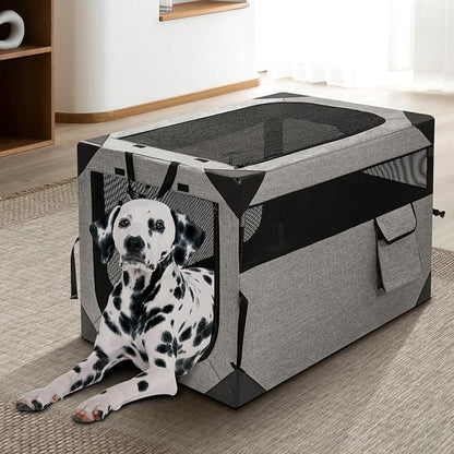 36 Inch Portable Travel Dog Crate, 3 Door Collapsible Soft Pet Kennel with Durable Mesh Windows for Medium Dogs, Foldable Dog Cage with Storage Pocket for Outdoor (Light Grey)