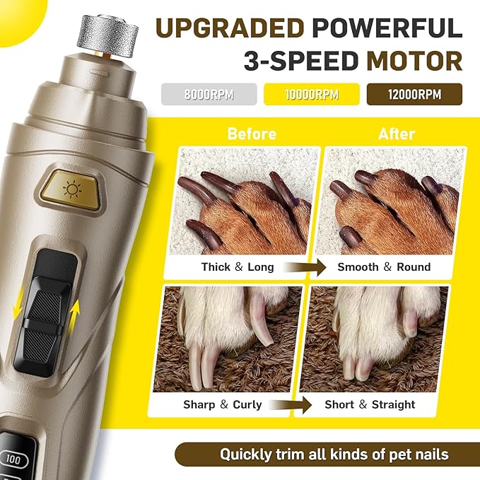 Dog Nail Grinder Super Quiet Dog Nail Trimmers 3 Grinding Wheels 3 Speed Rechargeable Pet Nail Grinder LED Display Dog Nail Clippers Kit for Large Medium Small Dogs Cats Dog Nail File Toenail Clippers