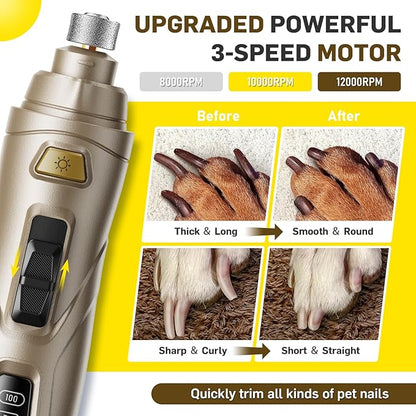 Dog Nail Grinder Super Quiet Dog Nail Trimmers 3 Grinding Wheels 3 Speed Rechargeable Pet Nail Grinder LED Display Dog Nail Clippers Kit for Large Medium Small Dogs Cats Dog Nail File Toenail Clippers