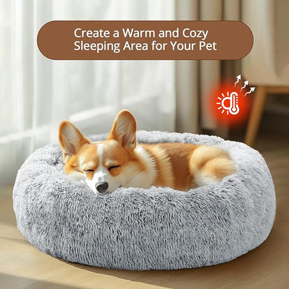 JOLLYVOGUE Dog Bed Cat Bed, Anti-Anxiety Small Dog Bed, Calming Donut Dog Bed for Puppy Bed, Fluffy Dog Beds for Small Medium Dogs, Washable Round Puppy Bed for Indoor Pet (24"/Smoke Gray