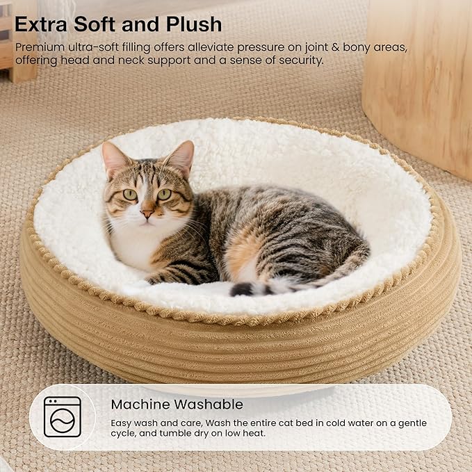 Love's cabin Round Donut Cat and Dog Cushion Bed, 20in Pet Bed for Cats or Small Dogs, Anti-Slip & Water-Resistant Bottom, Super Soft Durable Fabric Pet beds, Washable Luxury Cat Dog Bed Stripe Camel
