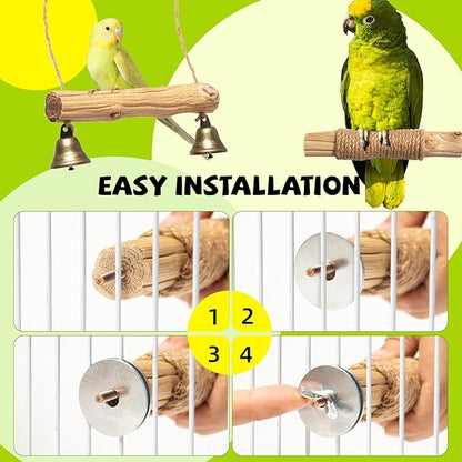 Natural Solid Wood Bird Perch and Swing - Durable Toys for Parakeets, Parrots & Birds - Safe cage Accessories with High Hardness Texture