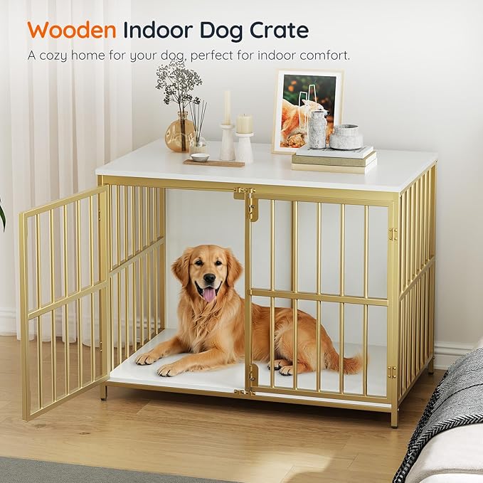 HOOBRO 38.6" Dog Crate Furniture, Wooden Dog Kennel Indoor, Chew-Resistant Heavy Duty Dog Cage for Small/Medium Dog, Decorative Side End Table, White and Gold DW100GW03