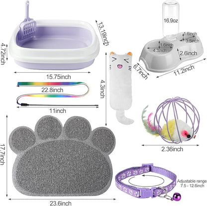 7 Pcs Small Cat Kitten Starter Kit Cat Litter Box with Shovel Paw Litter Mat Double Automatic Kitten Bowls Toy Teaser Stick Collar Essentials Kits for 1-3 Lbs Beginner(Stylish,Purple)