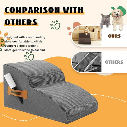 High Density Foam Dog Stairs Ramp for Beds Couches, Romrol Pet Steps with Durable Non-Slip Waterproof Fabric Cover, Dog Slope Stairs Friendly to Small Dogs and Cats or Pets Joints, 2-Tiers