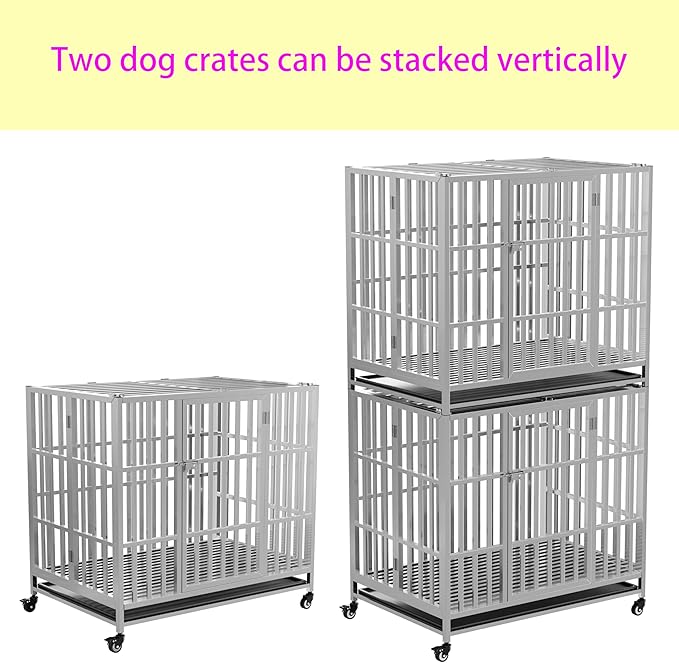 37" 42" 48" Heavy Duty Dog cage Stainless Steel Metal Kennel and Crate, Collapsible for Medium to Large Dogs, Easy to Assemble pet Pen with Four Lockable Wheels, Black Tray (37in)