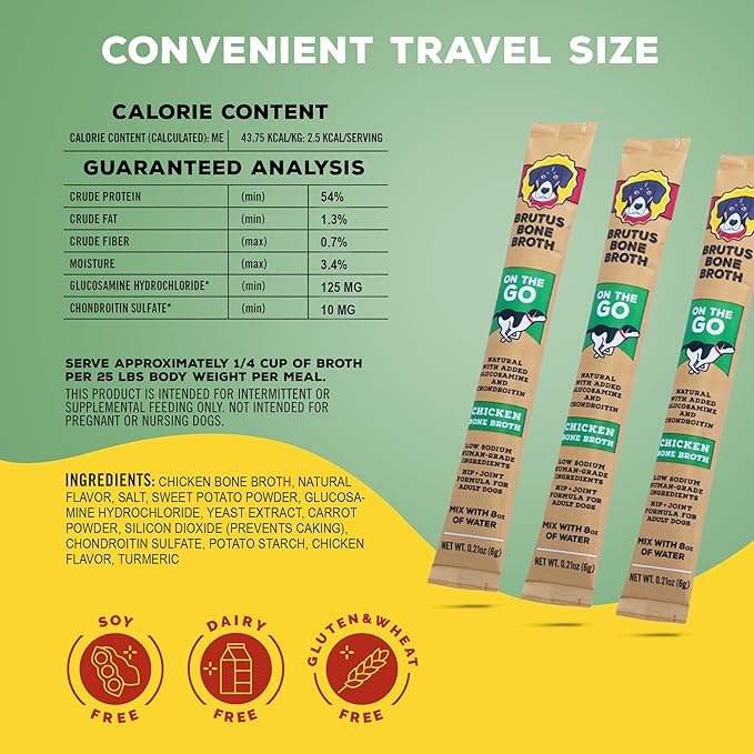 Brutus Bone Broth for Dogs - Bone Broth Powder with Chondroitin Glucosamine & Turmeric - Human Grade Dog Food Toppers for Dry Food & Picky Eaters - 10 Stick (Chicken)