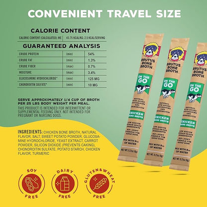 Brutus Bone Broth for Dogs - Bone Broth Powder with Chondroitin Glucosamine & Turmeric - Human Grade Dog Food Toppers for Dry Food & Picky Eaters - 10 Stick (Chicken)